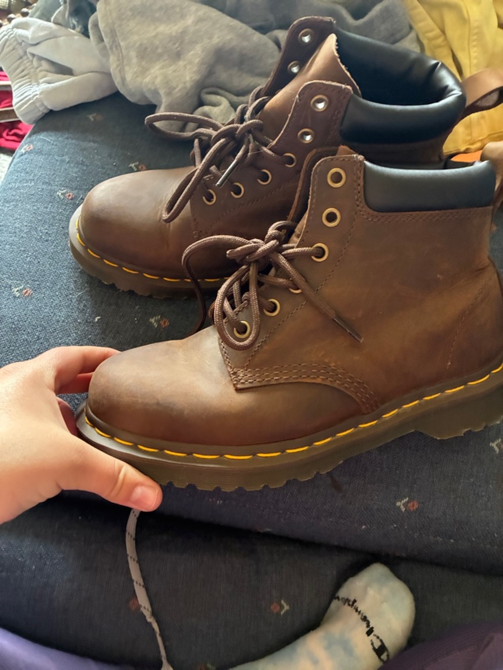 Dr. Martens Brown Leather Combat Boots with Yellow Stitching